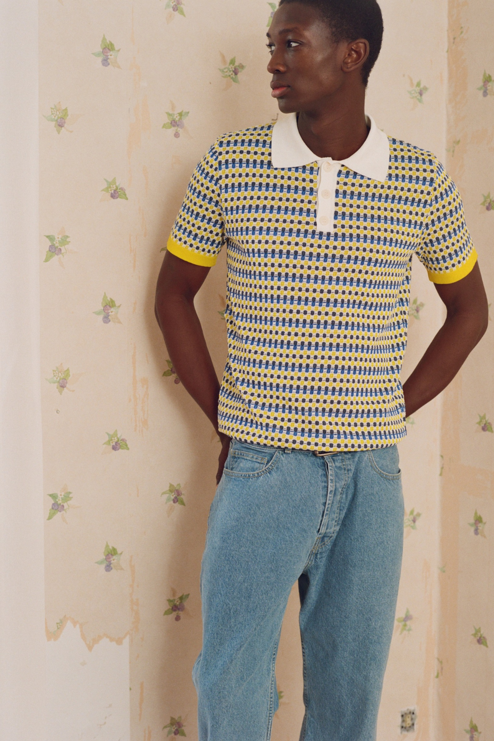 STREL - KNITTED POLO PULLOVER - S, YELLOW