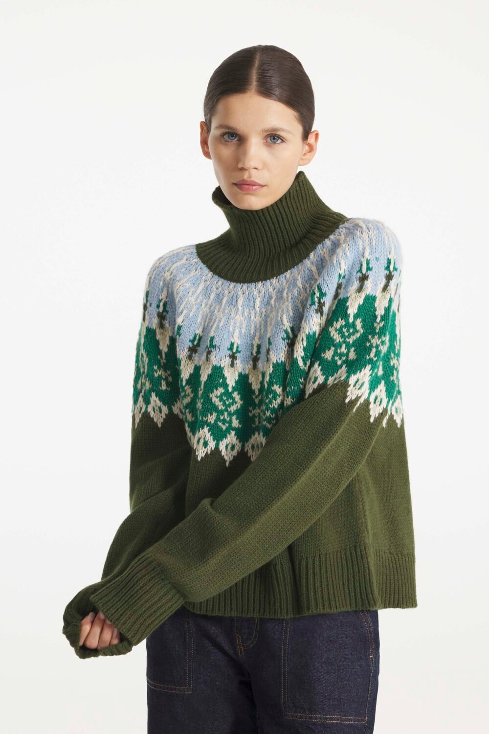 SILEDA - OVERSIZE JACQUARD SWEATER - XS, KAKI