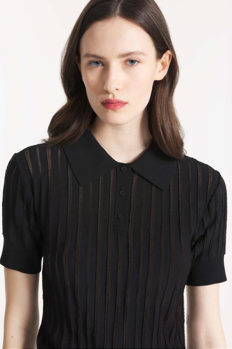 SALLY - OPENWORK KNITTED POLO SHIRT - BLACK, seconde vue