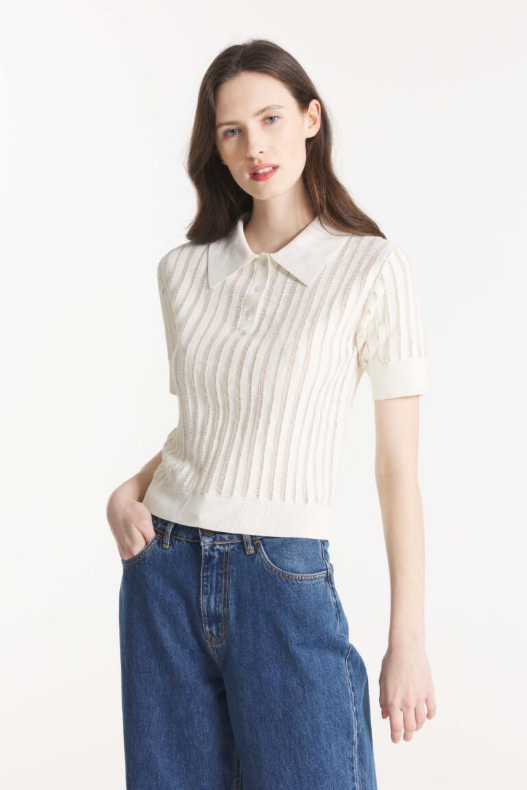 SALLY - OPENWORK KNITTED POLO SHIRT - OFFWHITE, seconde vue